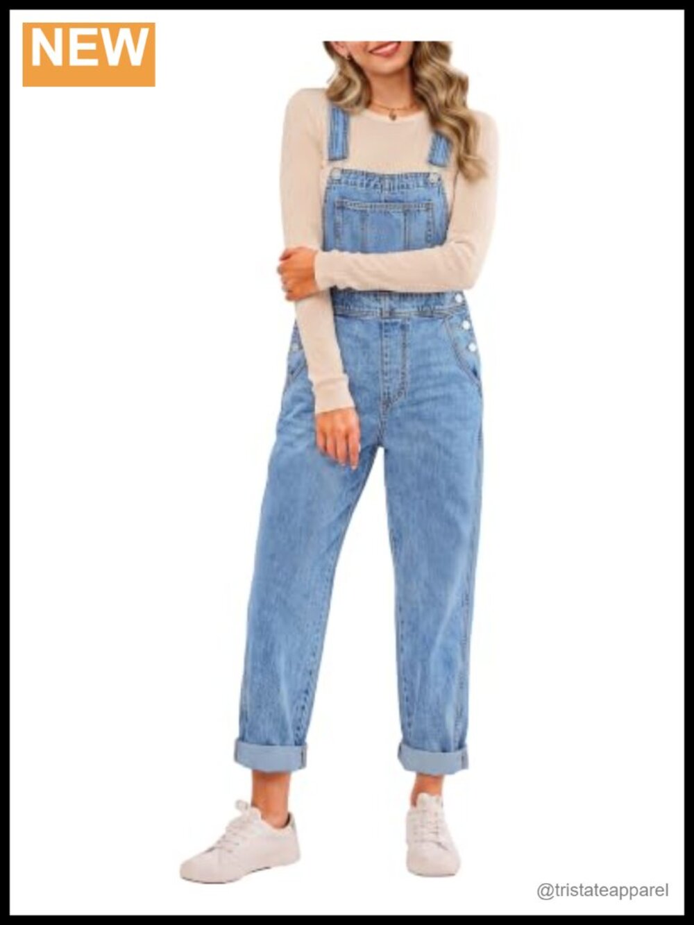 Stretch Denim Bib Overalls Adjustable Straps Cuffed Hem Women's